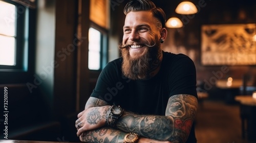 man with tattoo smiling. portrait of a generation Z guy. drawing on the skin. self-expression and beauty