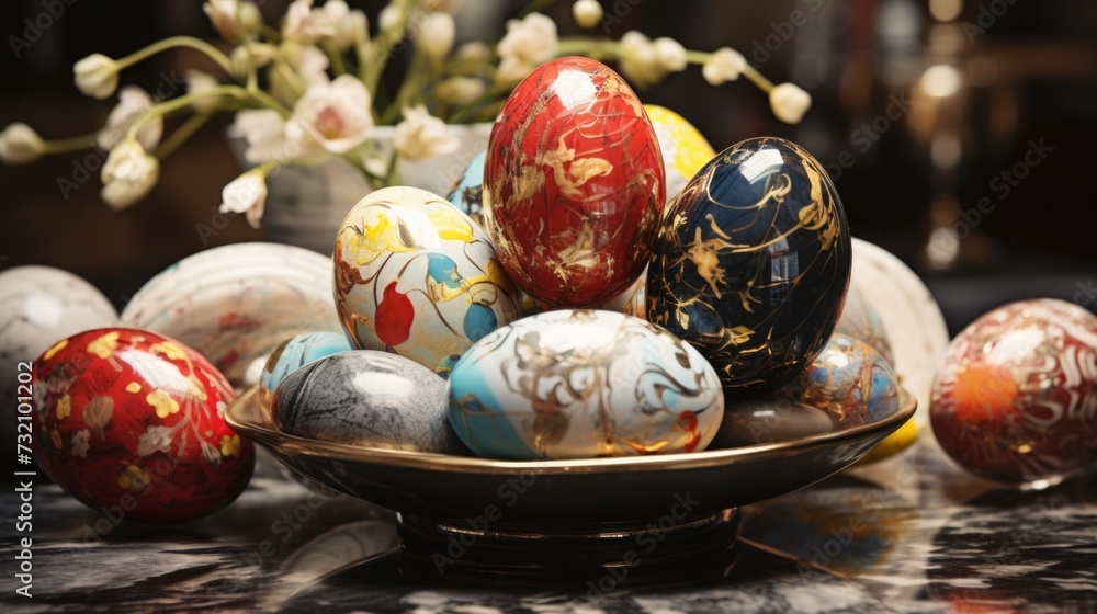 Fototapeta premium Traditional Easter colored eggs. marble, iridescent, multi-colored, stylish design.