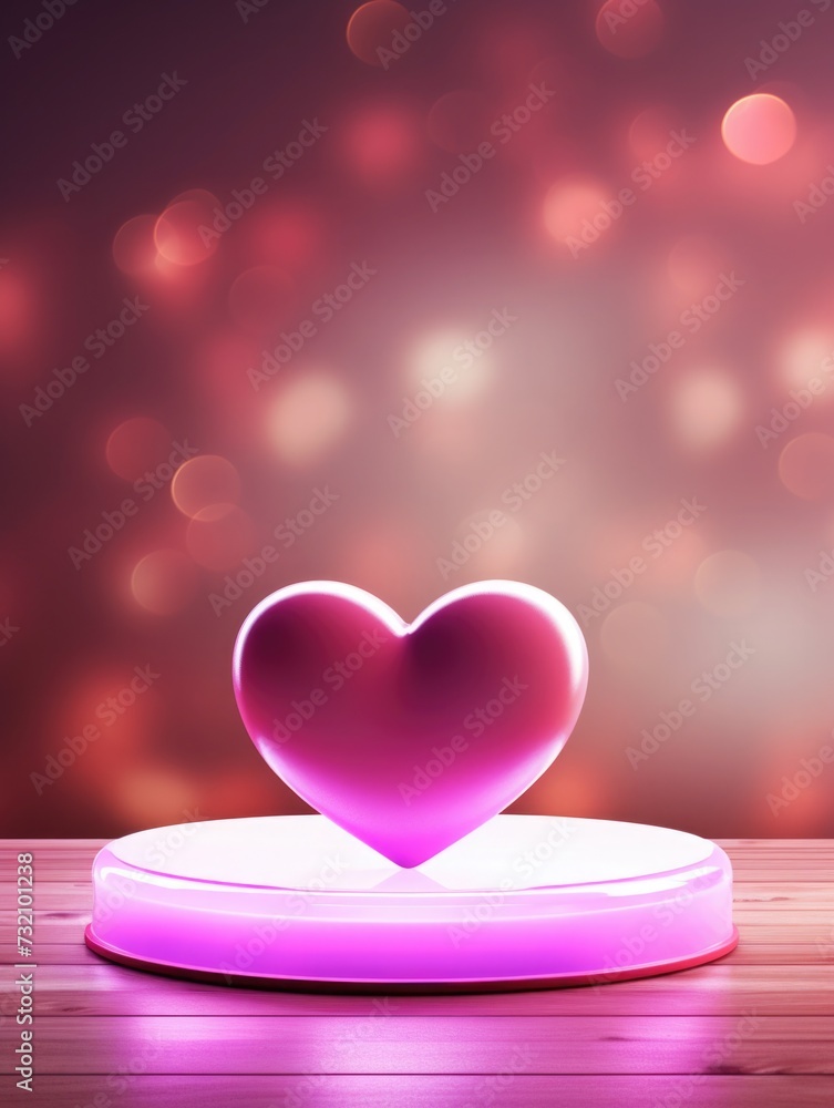 violet, lilac, pink background for Valentine's Day. with cylinder pedestal, podium. Neon glowing heart. mockup display