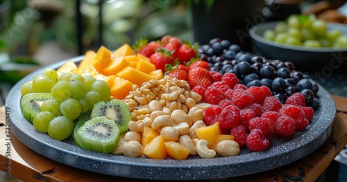 An abundant plate of colorful  nutrient-rich fruit and nuts serves as a delicious and visually appealing representation of natural  vegetarian  and vegan-friendly whole foods
