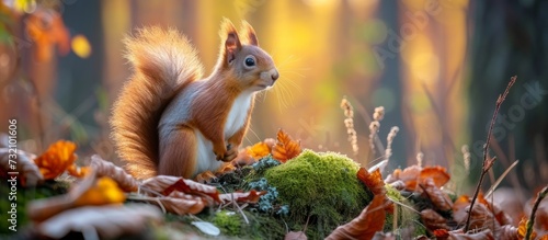 A rodent, the red squirrel, is perched on a leafy pile in the woods, surrounded by terrestrial plants, grass, and a fox squirrel nearby.