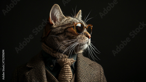A cat wearing sunglasses and a suit with a tie. stylish animal posing as supermodel, Fashion cat in shades. Generative AI image