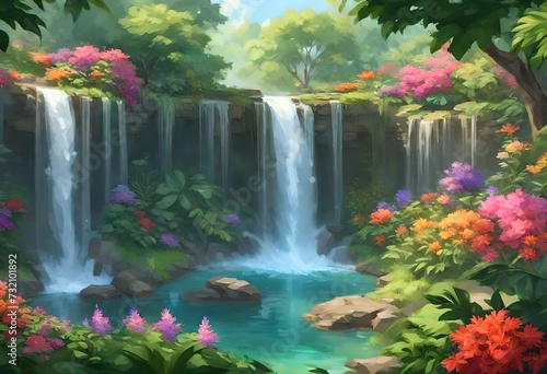 A waterfall surrounded by lush greenery and vibrant flowers