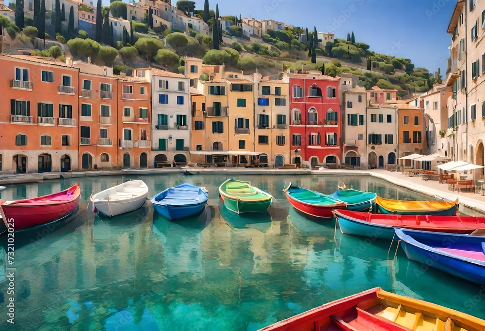 A Mediterranean town with colorful boats in the harbor-