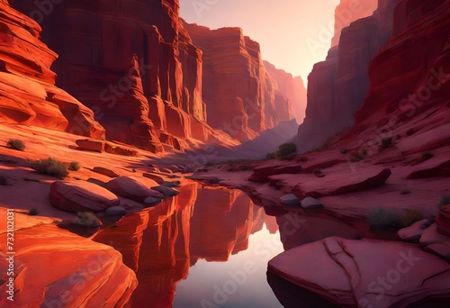 A canyon at sunset, with the rocks reflecting shades of red and gold