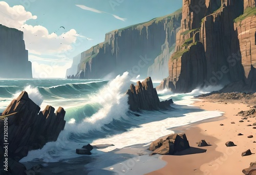 A coastal scene with cliffs and crashing waves in various shades