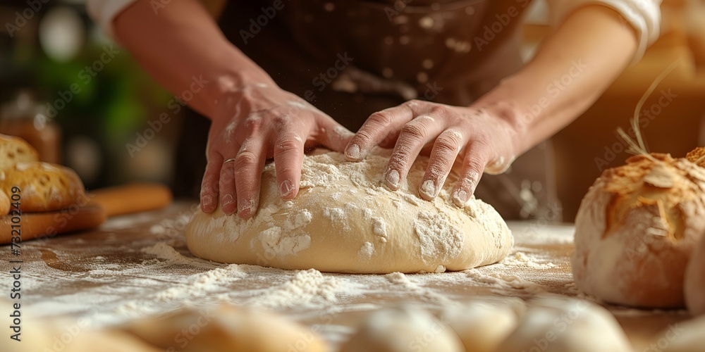 Male hands kneading dough on the table in the kitchen.