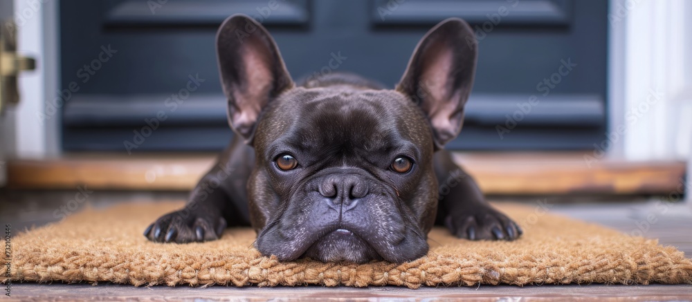 A fawn-colored French Bulldog, a dog breed from the Sporting Group, is peacefully lying on a door mat, showcasing its adorable whiskers and cute ears