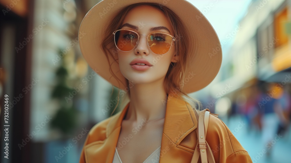 Stylish Woman in Sunglasses Strolling Through City Street at Sunset Stylish Woman in Sunglasses Strolling Through City Street at Sunset