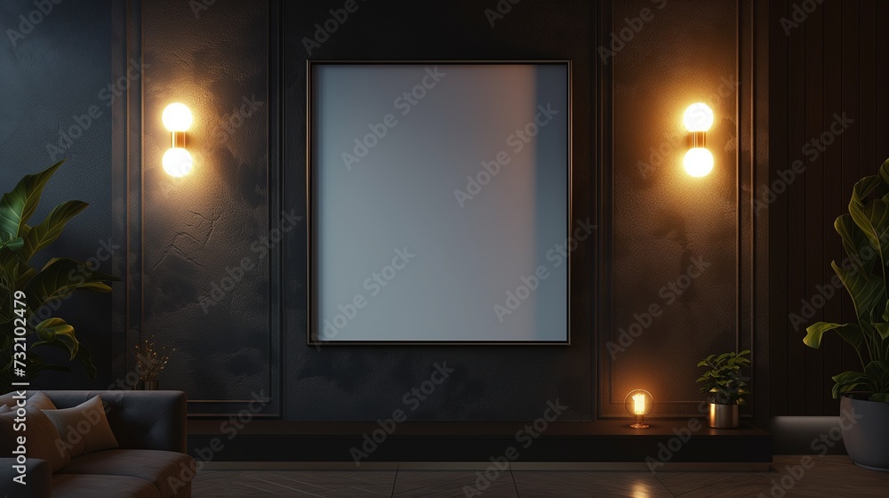 A chic TV hall with a monochromatic theme, showcasing an empty canvas frame against a matte black wall, illuminated by the focused light of adjustable wall sconces. A chic TV hall with a monochromatic theme, showcasing an empty canvas frame against a matte black wall, illuminated by the focused light of adjustable wall sconces.