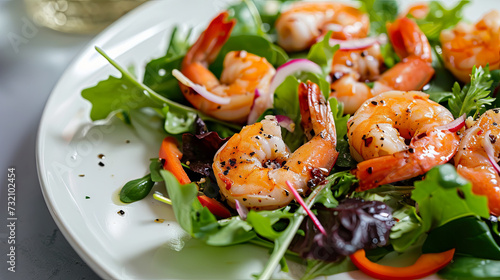 Delicious salad with shrimp and herbs on a plate