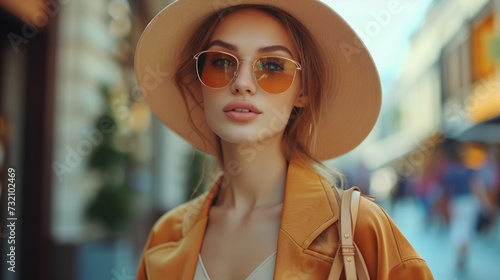 Stylish Woman in Sunglasses Strolling Through City Street at Sunset © PixelPaletteArt