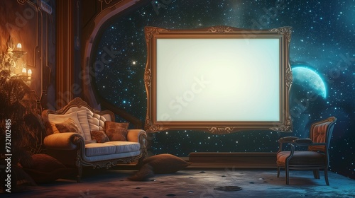 A celestial living room with an empty canvas frame, a cozy sofa, and a comfortable chair, illuminated by the shimmering light of distant stars.