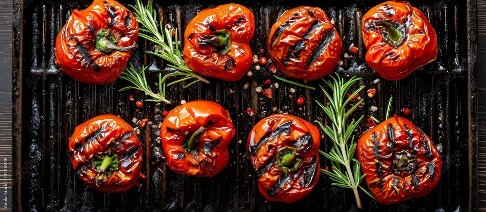 Top view of vegetarian organic food consisting of grilled red peppers on a grill plate.
