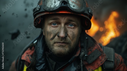 Weary Firefighter With Soot-Covered Face After Combatting Blaze © PixelPaletteArt