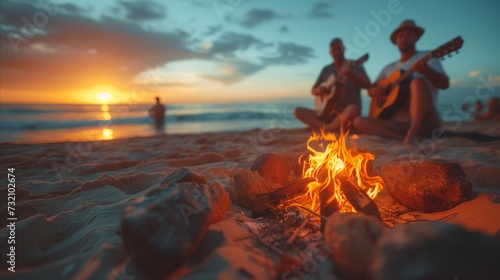 Twilight Beach Bonfire With Friends Playing Guitars