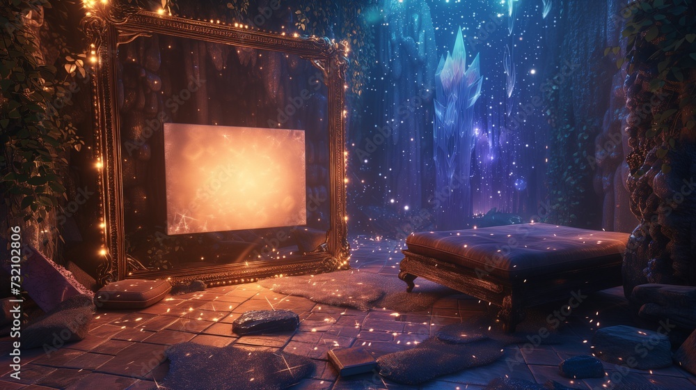 A fantastical bedroom with an empty canvas frame, illuminated by the soft glow of a mystical crystal, and surrounded by shimmering stars. A fantastical bedroom with an empty canvas frame, illuminated by the soft glow of a mystical crystal, and surrounded by shimmering stars.