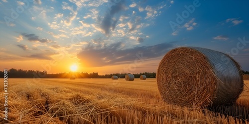 Agricultural landscape with straw bales in the field at sunset