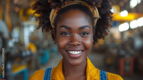 Smiling Woman in Yellow Overalls at an Industrial Facility © PixelPaletteArt