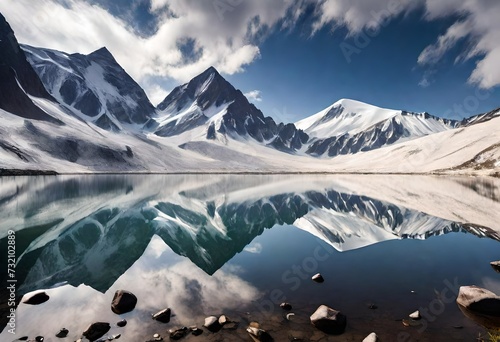 A serene lake reflecting snow
