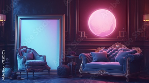 A magical living room with an empty canvas frame  a luxurious sofa  and a comfortable chair  bathed in the soft glow of a magical orb.