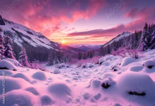 A snowy landscape at sunset, with the snow reflecting pink and purple hues © Shahla