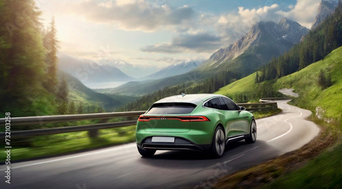 EV (Electric Vehicle) electric car is driving on a winding road that runs through a verdant forest and mountains