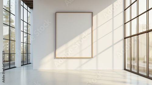 A minimalist TV hall with a large empty canvas frame on a pristine white wall, accentuated by the natural light streaming in from large windows.