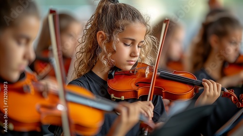 Group of Young Girls Playing Violin Together