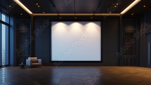 A spacious TV hall with a large, empty plain canvas frame on a sleek, dark wall, illuminated by recessed ceiling lights creating a soft, inviting ambiance.