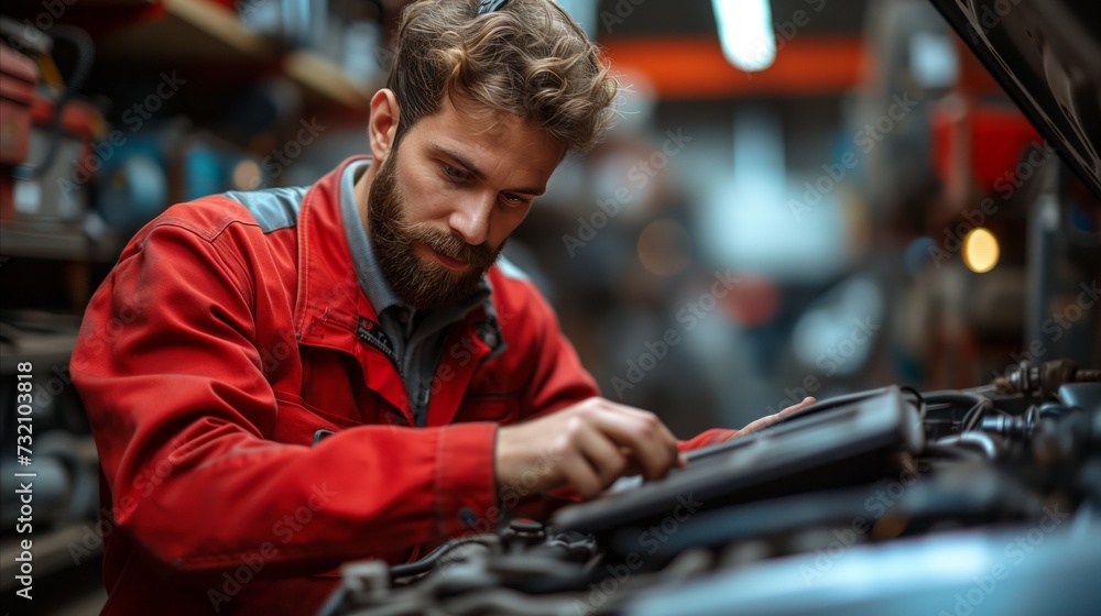 Man Repairing Car Engine in Garage Man Repairing Car Engine in Garage