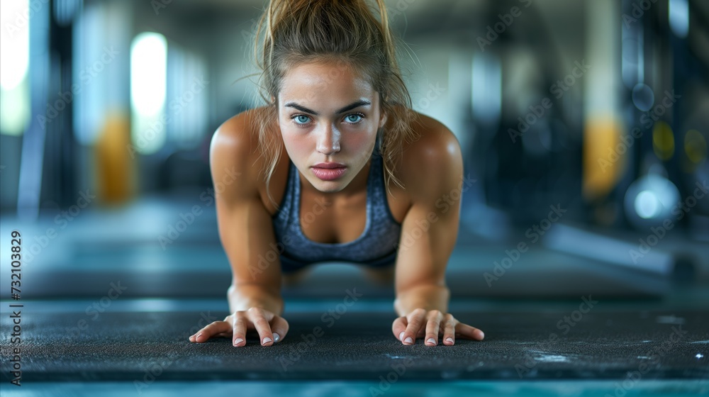 Determined Woman Performing Push-Ups in a Gym Determined Woman Performing Push-Ups in a Gym