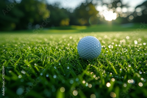 A solitary golf ball rests upon a lush green field, awaiting its next shot amidst the peacefulness of the great outdoors