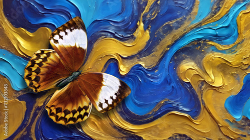 tropical brown morpho butterfly on abstract strokes of gold and blue paint