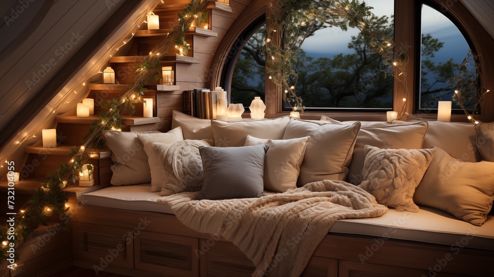 Fototapeta premium Hidden Reading Nook Under the Stairs with Fairy Lights