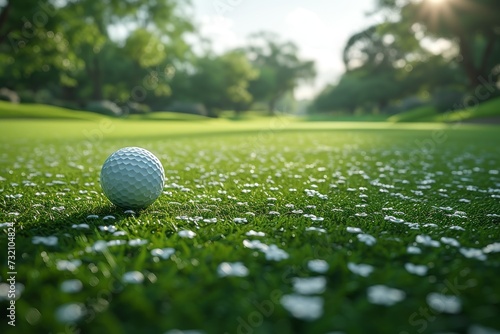 A solitary golf ball rests atop the vibrant green grass, basking in the warmth of the sun as it awaits its next swing on the expansive outdoor field
