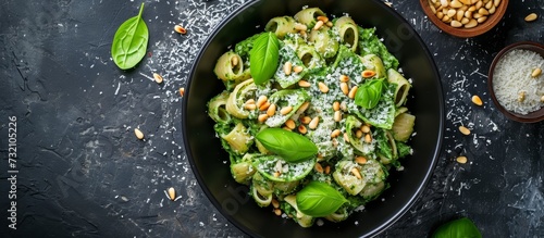 Italian gourmet dish with spinach pasta, cheese, and pine nuts in a black bowl, seen from above. photo