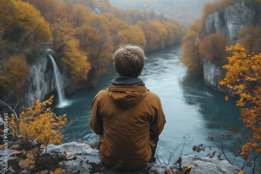 Man Sitting on Cliff Edge in Autumn Forest Overlooking River and Waterfall