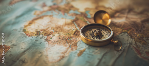Magnetic compass and location marking with a pin on routes on world map. Adventure, discovery, navigation, communication, logistics, geography, transport and travel theme concept background photo