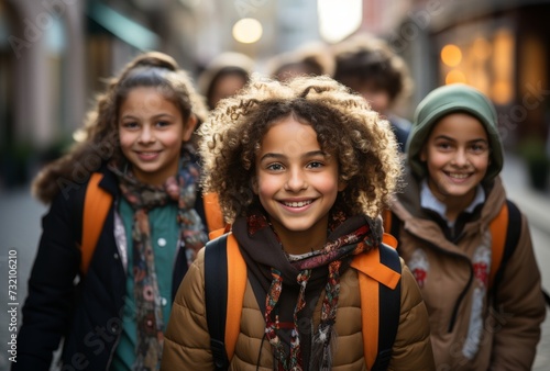 A vibrant group of young children donning winter jackets and scarves stand together, radiating joy and fashion sense against the backdrop of a bustling city street