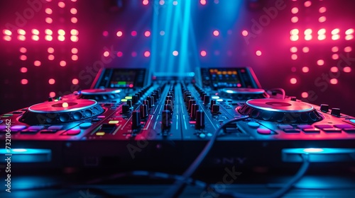 DJ booth with vibrant lights and controls, music mixing in action