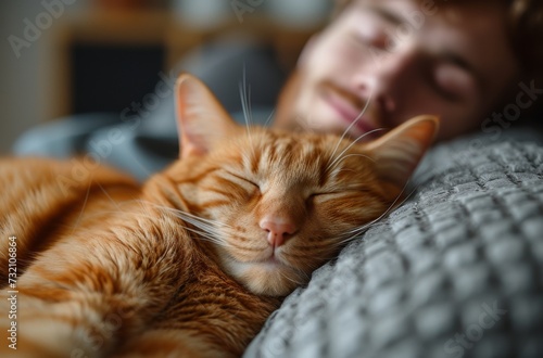 A content orange domestic cat rests on the back of its human companion, its whiskers tickling their skin as they both enjoy a peaceful indoor nap together