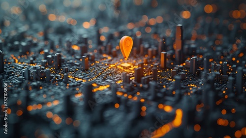 Vivid orange GPS pin over model metropolis, mapping tableau