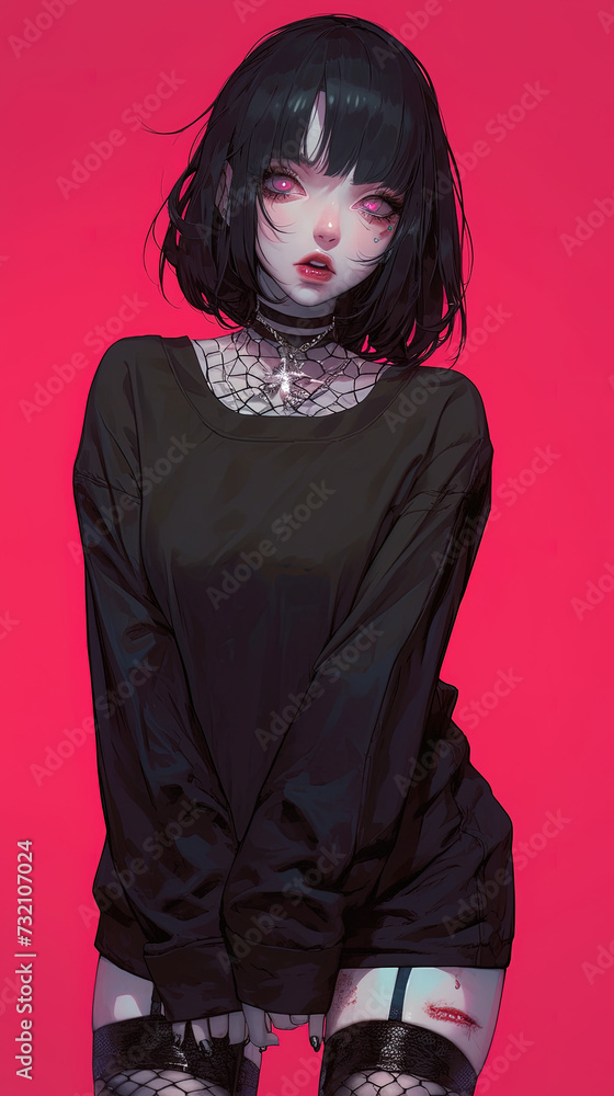 portrait of a gothic vampire girl, anime style, manga, cute outfit, emo ...