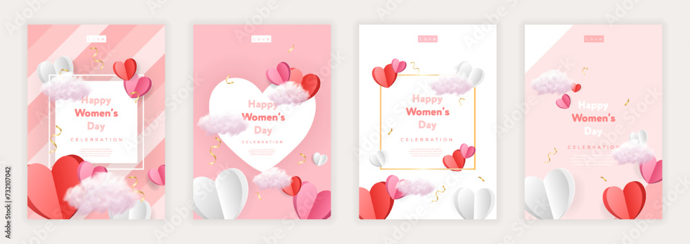8 March women's day posters set. Paper cure red and pink hearts and realistic cli. Cute love sale banners or greeting cards. Vector illustration