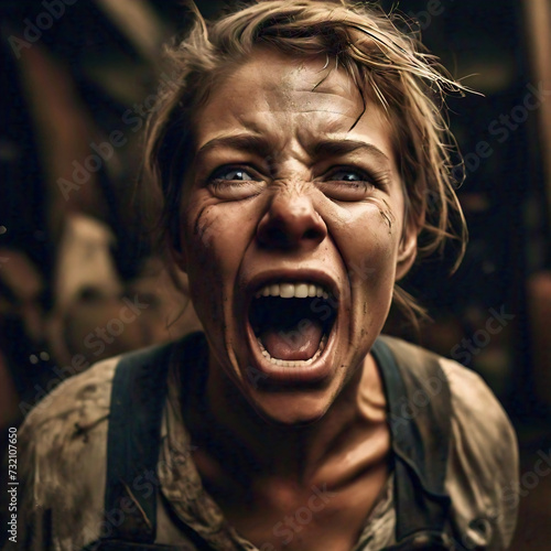 Screaming young blond woman with dirty face. Distressed farmer, workers. Rebellion of people working under harsh conditions