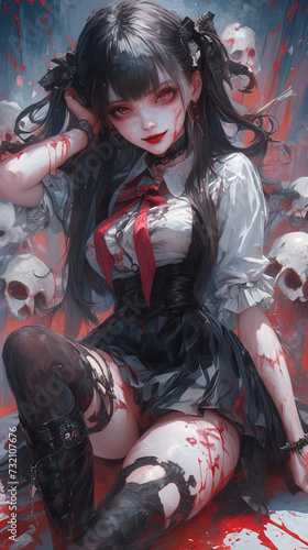 portrait of a gothic vampire girl, anime style, manga, cute  outfit, emo, background, android wallpaper