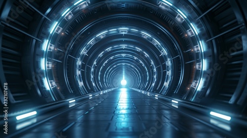 Futuristic tunnel with light at the end, abstract technology theme photo