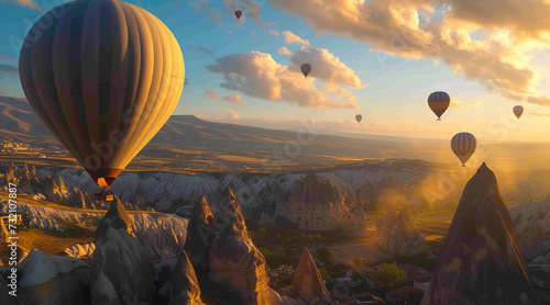 Hot air balloons flying over spectacular Cappadocia.Turkey