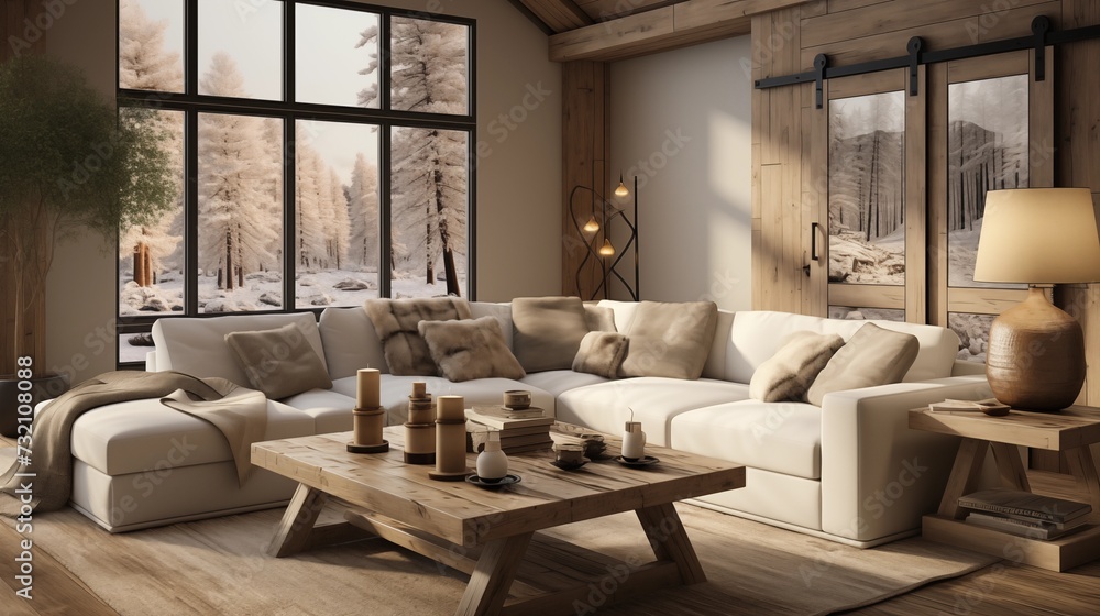 Modern farmhouse living room with a sectional sofa bed and barn door accents. Modern farmhouse living room with a sectional sofa bed and barn door accents.